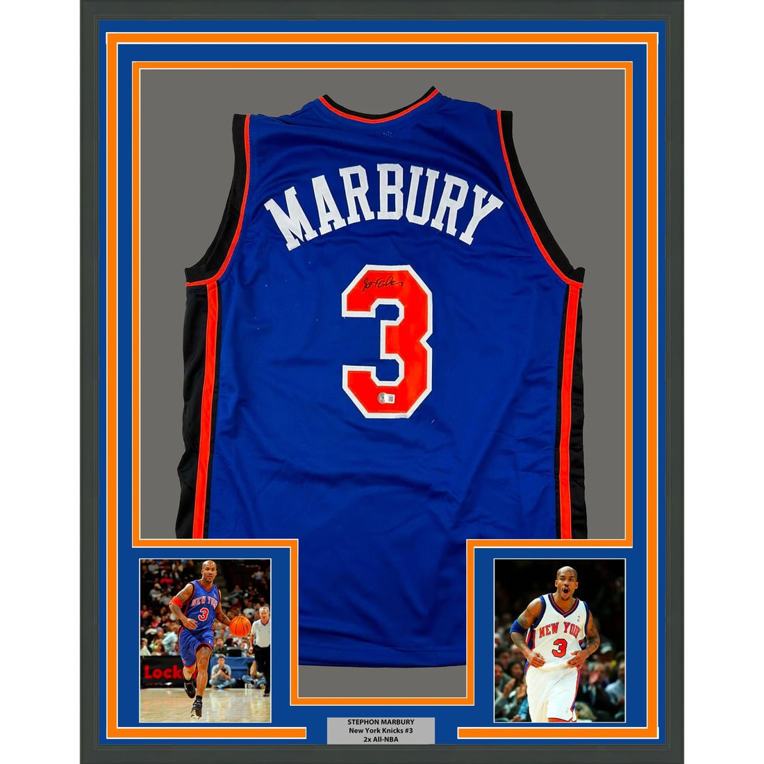 Framed Autographed Stephon Marbury Knicks Jersey with BAS COA: Framed Autographed Stephon Marbury Knicks Jersey with BAS COA This professionally framed and matted display features an autographed 33x42 blue jersey of NBA star Stephon Marbury, showcasing his signat