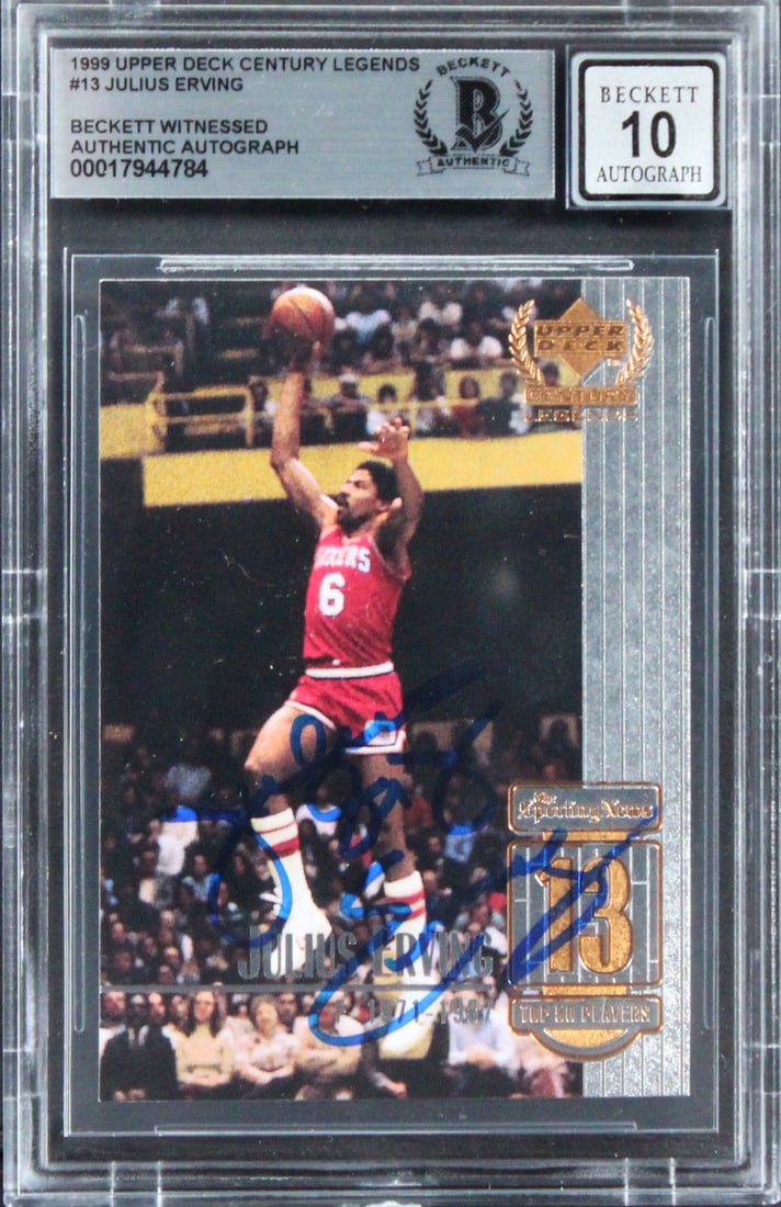 Julius Erving Signed 1999 Upper Deck #13 Gem Mint 10 BAS Slabbed 76ers Card: Julius Erving Signed 1999 Upper Deck #13 Gem Mint 10 BAS Slabbed 76ers Card This is a 1999 Upper Deck Century Legends #13 card featuring basketball legend Julius Erving, personally signed by the playe