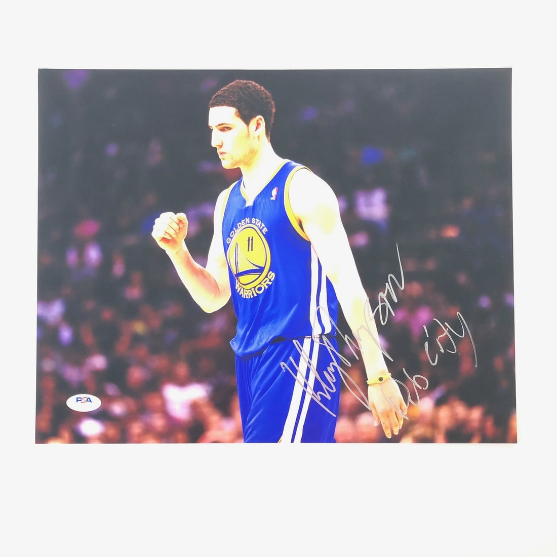 Klay Thompson PSA signed 11x14 Warriors photo Dub City: Klay Thompson PSA signed 11x14 Warriors photo Dub City This is a professionally printed 11x14 photograph signed by Klay Thompson of the Golden State Warriors. The photo features an inscription reading