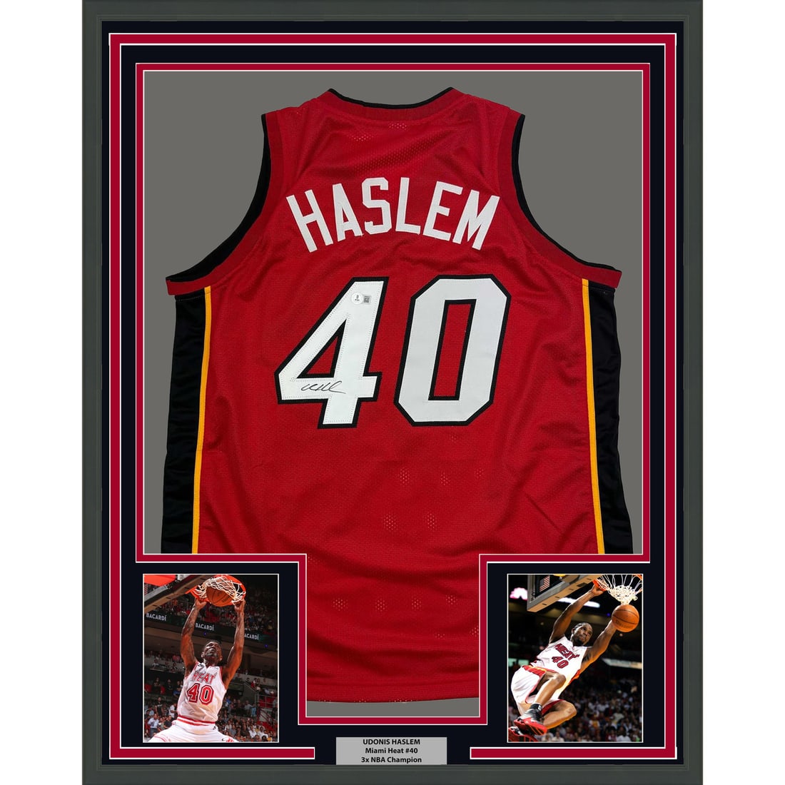 Framed Udonis Haslem Signed Miami Heat Jersey with BAS COA: Framed Udonis Haslem Signed Miami Heat Jersey with BAS COA Celebrate the legacy of Udonis Haslem with this professionally framed and matted Miami Heat red jersey. This authentic piece features a bold 