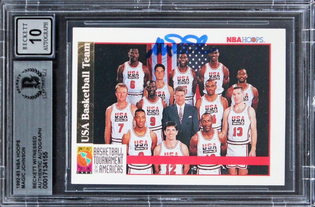 Magic Johnson Signed 1992 NBA Hoops Card Gem Mint 10 Beckett Lakers: Magic Johnson Signed 1992 NBA Hoops Card Gem Mint 10 Beckett Lakers This authentic 1992 NBA Hoops card features the legendary Magic Johnson, personally signed by the Hall of Famer himself. Graded as G