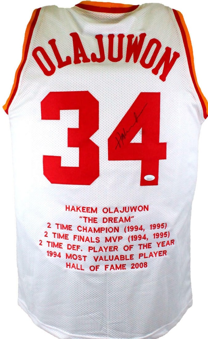 Hakeem Olajuwon signed Houston Rockets white Stat Pro jersey JSA (1 of 9)