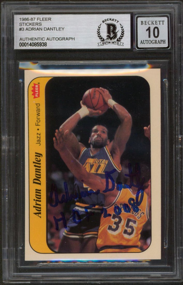 Adrian Dantley Signed 1986 Fleer Stickers #3 HOF 2008 Gem Mint 10 Beckett: Adrian Dantley Signed 1986 Fleer Stickers #3 HOF 2008 Gem Mint 10 Beckett This is a signed 1986 Fleer Stickers #3 card featuring NBA legend Adrian Dantley, who is enshrined in the Hall of Fame (HOF) c