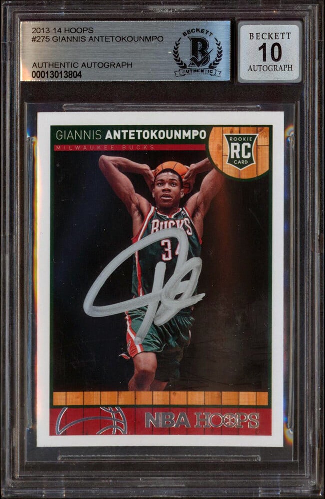 Giannis Antetokounmpo 2013 Hoops Rookie Card Beckett Slabbed Auto Grade 10: Giannis Antetokounmpo 2013 Hoops Rookie Card Beckett Slabbed Auto Grade 10 This 2013-14 Hoops #275 rookie card features Giannis Antetokounmpo of the Milwaukee Bucks and includes his authentic signatur
