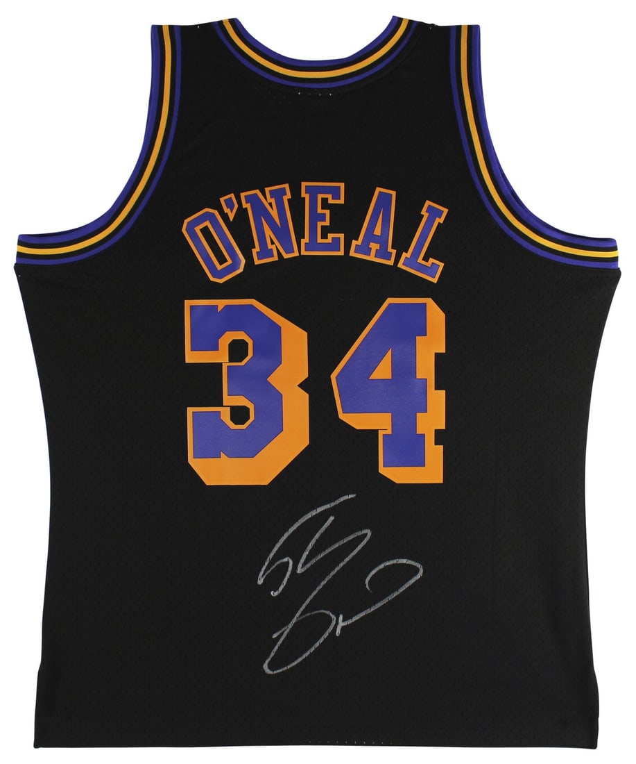 Shaquille O'Neal Beckett Signed Lakers Mitchell Ness Throwback Jersey X Large: Shaquille O'Neal Beckett Signed Lakers Mitchell Ness Throwback Jersey X Large This is a pre-owned Los Angeles Lakers black Mitchell & Ness 1996-97 Hardwood Classics Swingman Jersey, personally signed 