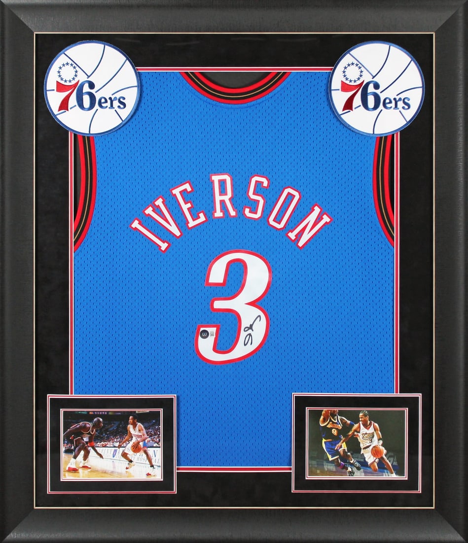 Allen Iverson Signed Blue 76ers Mitchell & Ness Jersey Framed BAS Authenticated: Allen Iverson Signed Blue 76ers Mitchell & Ness Jersey Framed BAS Authenticated This original blue Mitchell & Ness 1999-2000 Hardwood Classics Swingman Jersey is a remarkable piece of memorabilia pers