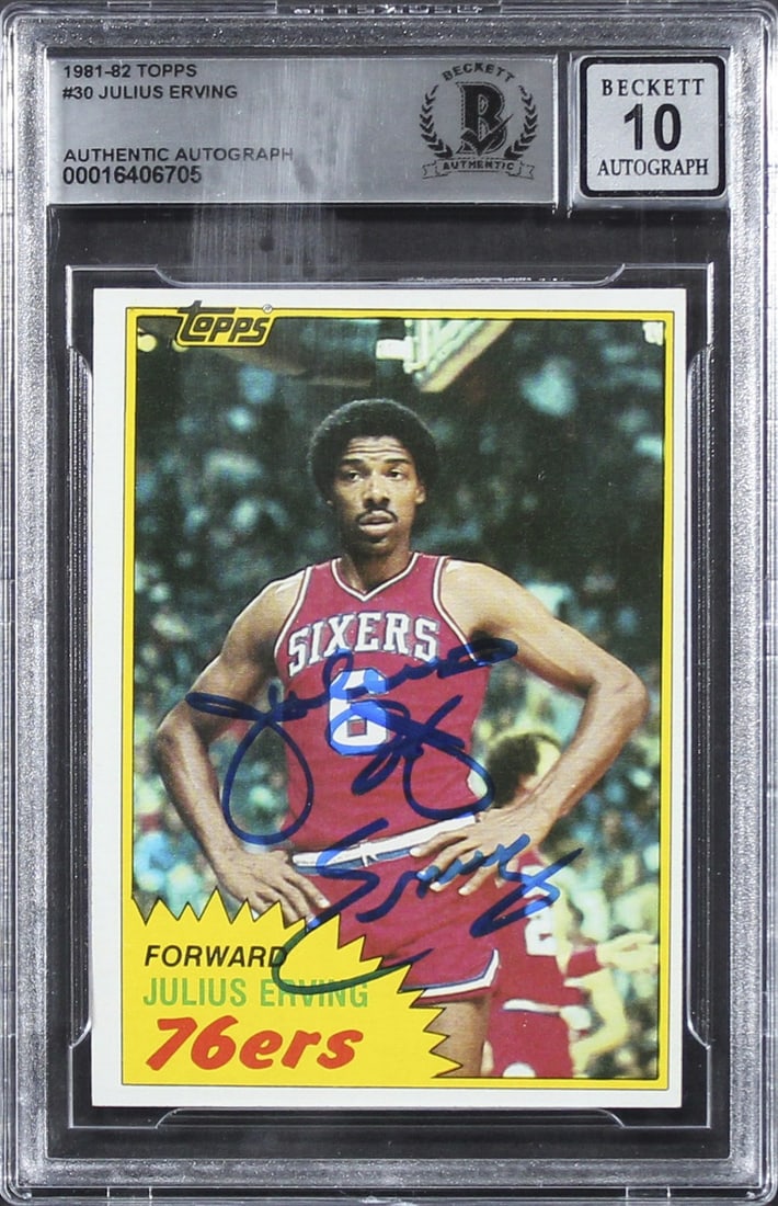 Julius Dr J Erving Signed 1981 Topps #30 Card Gem Mint 10 Beckett Authenticated: Julius Dr J Erving Signed 1981 Topps #30 Card Gem Mint 10 Beckett Authenticated This is a signed 1981 Topps #30 basketball card featuring Julius "Dr. J." Erving, a legendary player of the Philadelphia