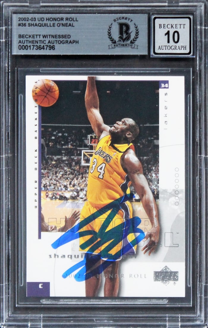 Shaquille O'Neal UD Honor Roll 2002 Auto Card Gem Mint 10 Beckett Slabbed: Shaquille O'Neal UD Honor Roll 2002 Auto Card Gem Mint 10 Beckett Slabbed This 2002 UD Honor Roll #36 basketball card features an authentic autograph from Shaquille O'Neal of the Los Angeles Lakers. T