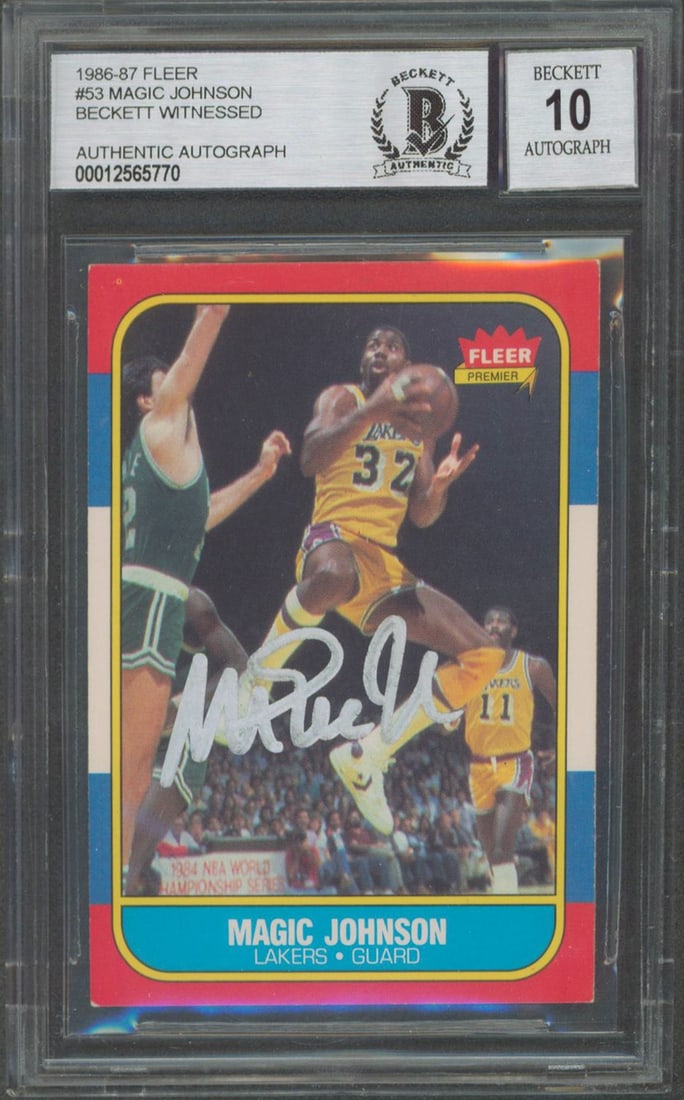 Magic Johnson Signed 1986 Fleer #53 Gem Mint 10 Beckett Slabbed Lakers Card: Magic Johnson Signed 1986 Fleer #53 Gem Mint 10 Beckett Slabbed Lakers Card This is a rare autographed 1986 Fleer #53 basketball card featuring Magic Johnson, one of the greatest players in NBA histor