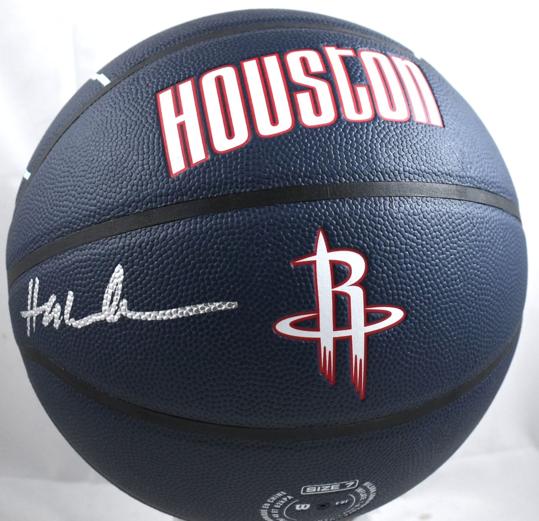 Signed Houston Rockets basketball by Hakeem Olajuwon Beckett hologram: Signed Houston Rockets basketball by Hakeem Olajuwon Beckett hologram This is an original Houston Rockets NBA City basketball signed by Hakeem Olajuwon. The ball is a pre-owned item and comes with a B