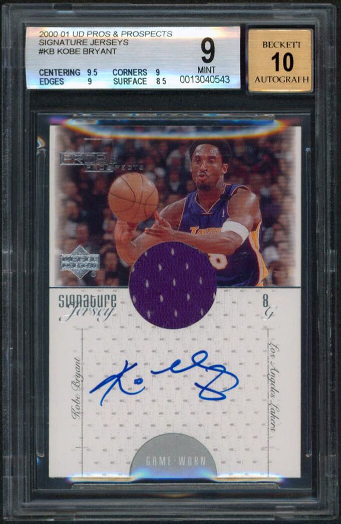Kobe Bryant 2000 UD Pros Prospects Signature Jerseys BAS Slabbed Auto 10: Kobe Bryant 2000 UD Pros Prospects Signature Jerseys BAS Slabbed Auto 10 This is a 2000 UD Pros & Prospects Signature Jerseys #KB trading card, personally signed by Kobe Bryant of the Los Angeles Lake