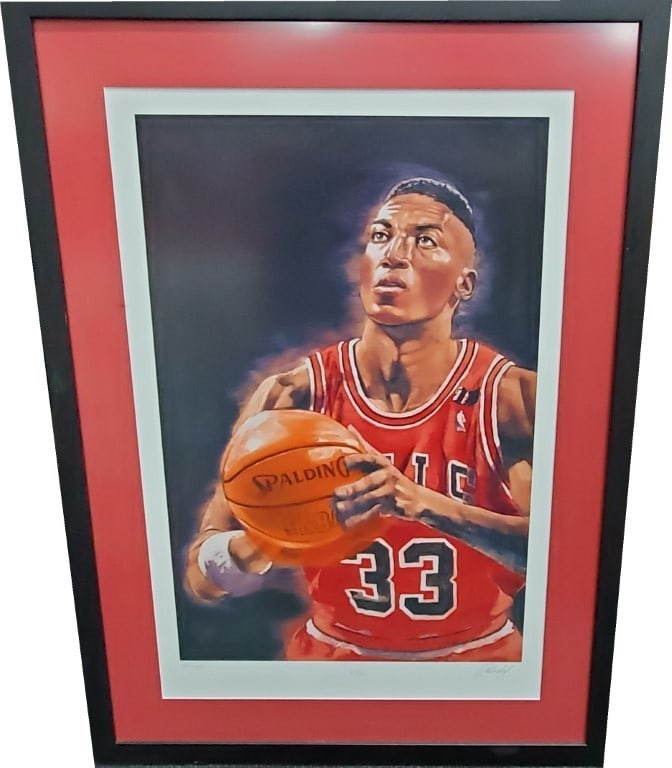 Framed Scottie Pippen signed Chicago Bulls poster 27x37 GAI (1 of 5)