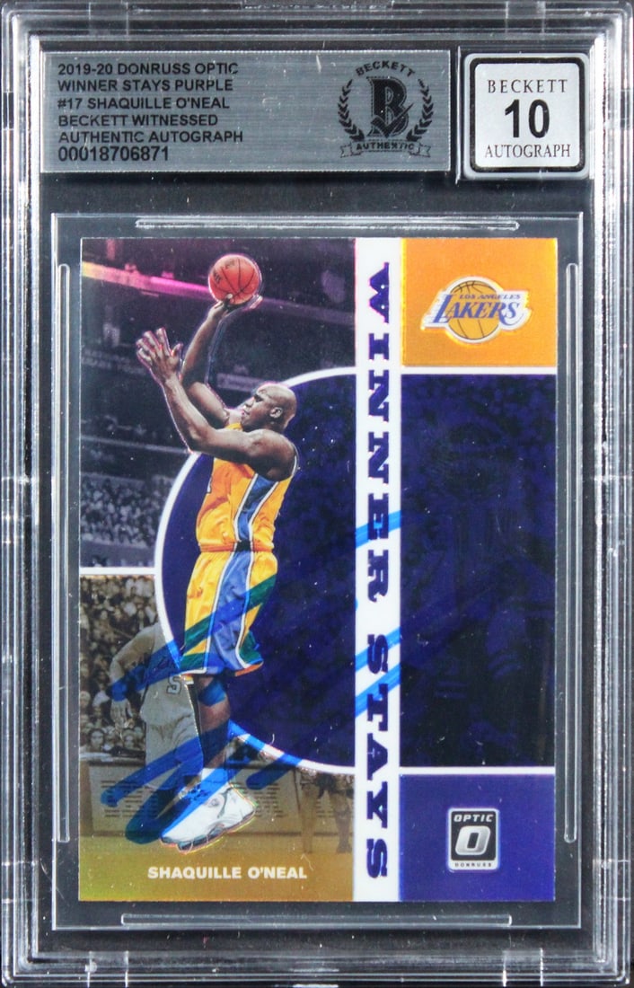 2019 Donruss Optic Winner Stays Purple #17 Shaquille O'Neal Auto Card BAS 10: 2019 Donruss Optic Winner Stays Purple #17 Shaquille O'Neal Auto Card BAS 10 This is an original 2019 Donruss Optic Winner Stays Purple #17 trading card, personally signed by Shaquille O'Neal of the L