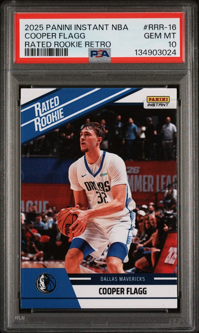 PSA 10 Cooper Flagg 2025 Panini Instant Rookie Retro Basketball Card #RRR16: PSA 10 Cooper Flagg 2025 Panini Instant Rookie Retro Basketball Card #RRR16 This is an original 2025 Panini Instant Cooper Flagg #RRR16 Rated Rookie Retro RC Card, professionally graded PSA 10 by Prof