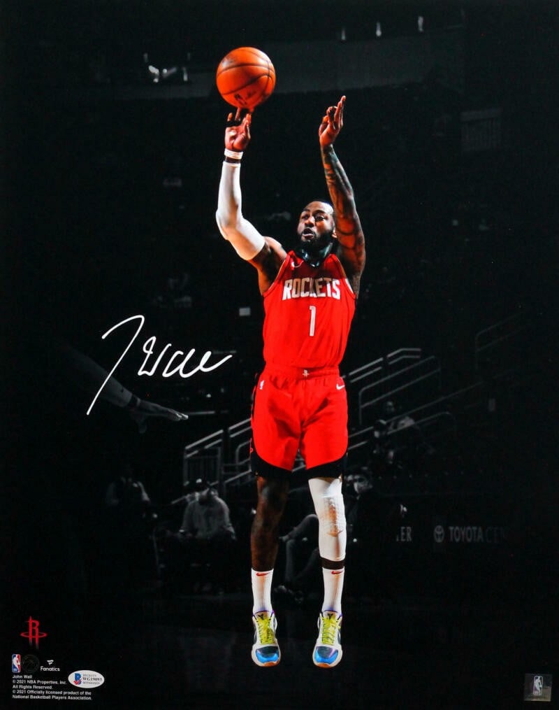Beckett Witness John Wall Houston Rockets autographed 16x20 photo in red jersey: Beckett Witness John Wall Houston Rockets autographed 16x20 photo in red jersey This 16x20 photograph features John Wall in his red Houston Rockets jersey and is hand-signed by the player. The autogra