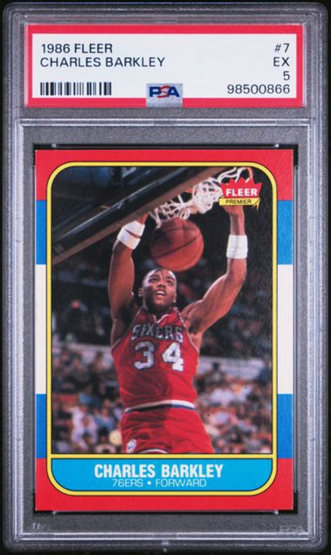 1986 Fleer Charles Barkley Rookie Card PSA 5 Philadelphia 76ers: 1986 Fleer Charles Barkley Rookie Card PSA 5 Philadelphia 76ers This is a graded 1986 Fleer Charles Barkley #7 Rookie RC Basketball Card, rated PSA 5 (EX) by Professional Sports Authenticator (PSA). T