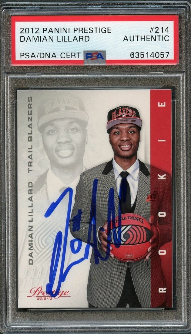 PSA Slabbed Damian Lillard Autographed Panini Prestige 214 Rookie Card: PSA Slabbed Damian Lillard Autographed Panini Prestige 214 Rookie Card This is a 2012-13 Panini Prestige #214 rookie card featuring Damian Lillard of the Portland Trail Blazers. The card is autographe