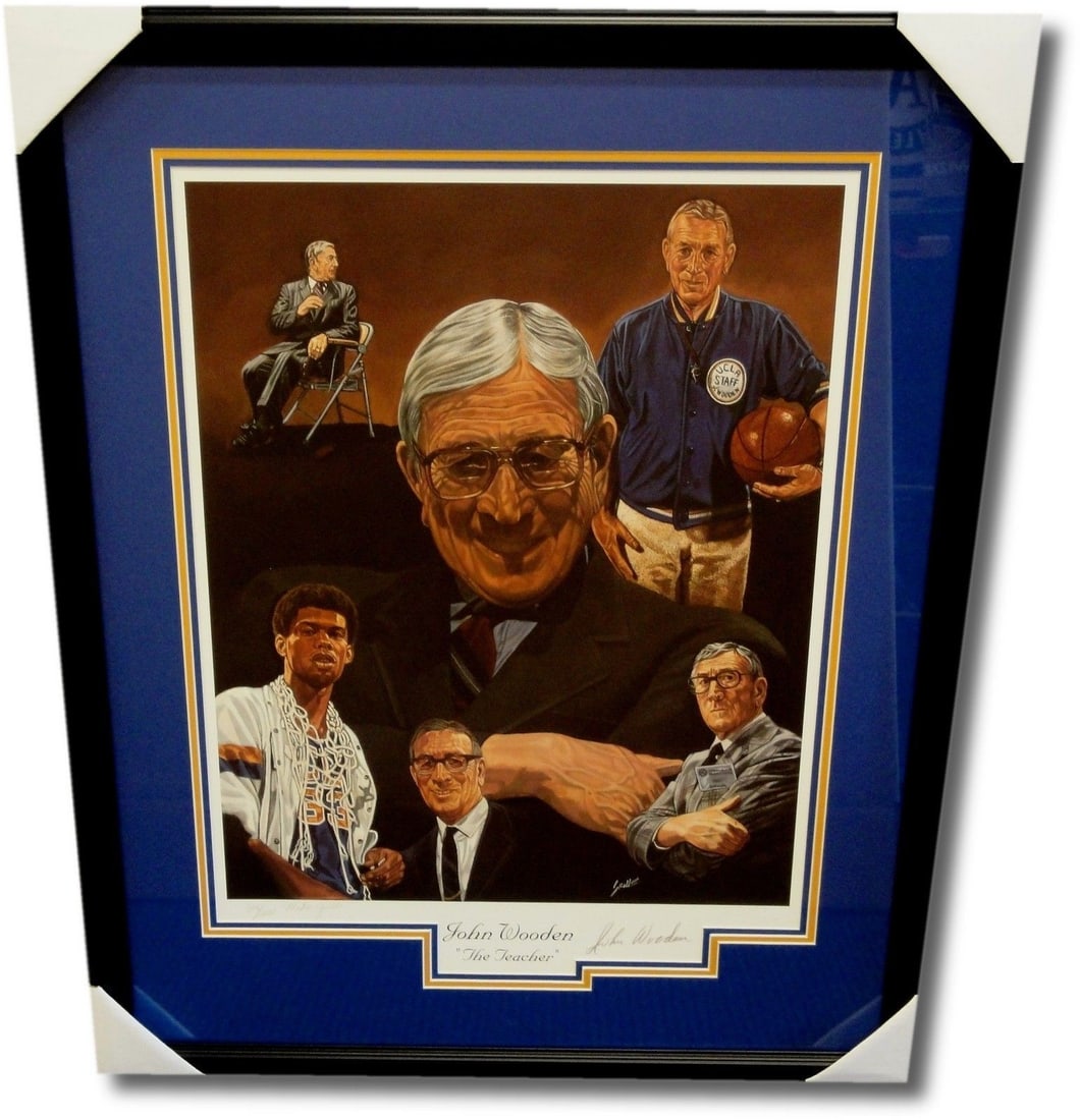 John Wooden Signed 22"x28" Framed Photo The Teacher UCLA Hall Of Fame Authenticated: John Wooden Signed 22"x28" Framed Photo The Teacher UCLA Hall Of Fame Authenticated This is a custom framed 22" x 28" photograph titled "The Teacher," featuring John Wooden of the UCLA Bruins. The pho