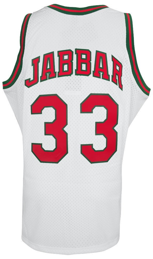 Kareem Abdul-Jabbar Milwaukee Bucks White Swingman Jersey XL: Kareem Abdul-Jabbar Milwaukee Bucks White Swingman Jersey XL Show your support for the Milwaukee Bucks with this Kareem Abdul-Jabbar white Mitchell & Ness NBA swingman basketball jersey. This adult X-