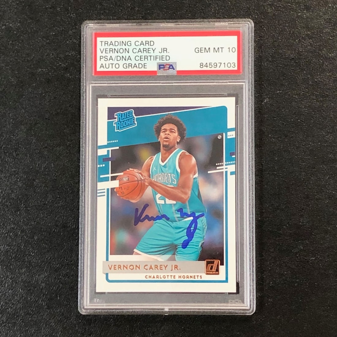 2020-21 Donruss Rated Rookie Vernon Carey Jr. Signed Card PSA/DNA: 2020-21 Donruss Rated Rookie Vernon Carey Jr. Signed Card PSA/DNA This is a signed 2020-21 Donruss Rated Rookie #241 card featuring Vernon Carey Jr., who played for the Charlotte Hornets. The autograp