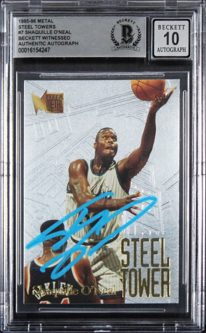 Shaquille O'Neal 1995 Steel Towers Card Signed Beckett Auto 10 Orlando Magic: Shaquille O'Neal 1995 Steel Towers Card Signed Beckett Auto 10 Orlando Magic This 1995 Metal Steel Towers #7 basketball trading card features Shaquille O'Neal of the Orlando Magic. The card has been p