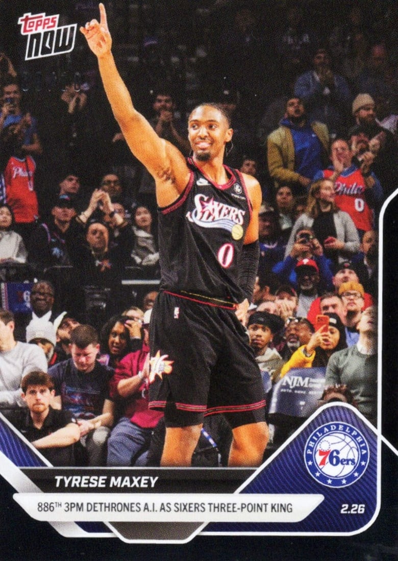 Tyrese Maxey 2025 Topps Now Black #185 /10 76ers card: Tyrese Maxey 2025 Topps Now Black #185 /10 76ers card This is an original 2025 Topps Now Tyrese Maxey #185 Black /10 basketball card, featuring Tyrese Maxey of the Philadelphia 76ers. The card is auth