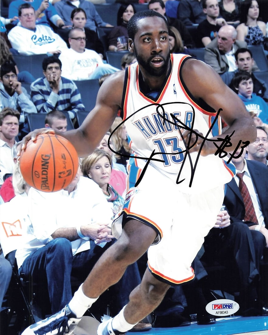 James Harden Thunder Autographed 8x10 Photo PSA DNA Authenticated: James Harden Thunder Autographed 8x10 Photo PSA DNA Authenticated This is an original, professionally printed 8x10 basketball photograph featuring James Harden during his time with the Thunder. The ph