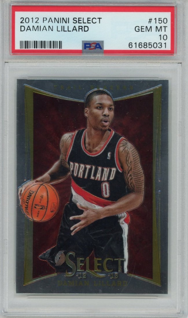 Graded 2012-13 Panini Select Damian Lillard Rookie Card PSA 10: Graded 2012-13 Panini Select Damian Lillard Rookie Card PSA 10 This 2012-13 Panini Select Damian Lillard #150 Rookie Basketball Card is graded PSA 10, ensuring its top-notch condition and authenticity