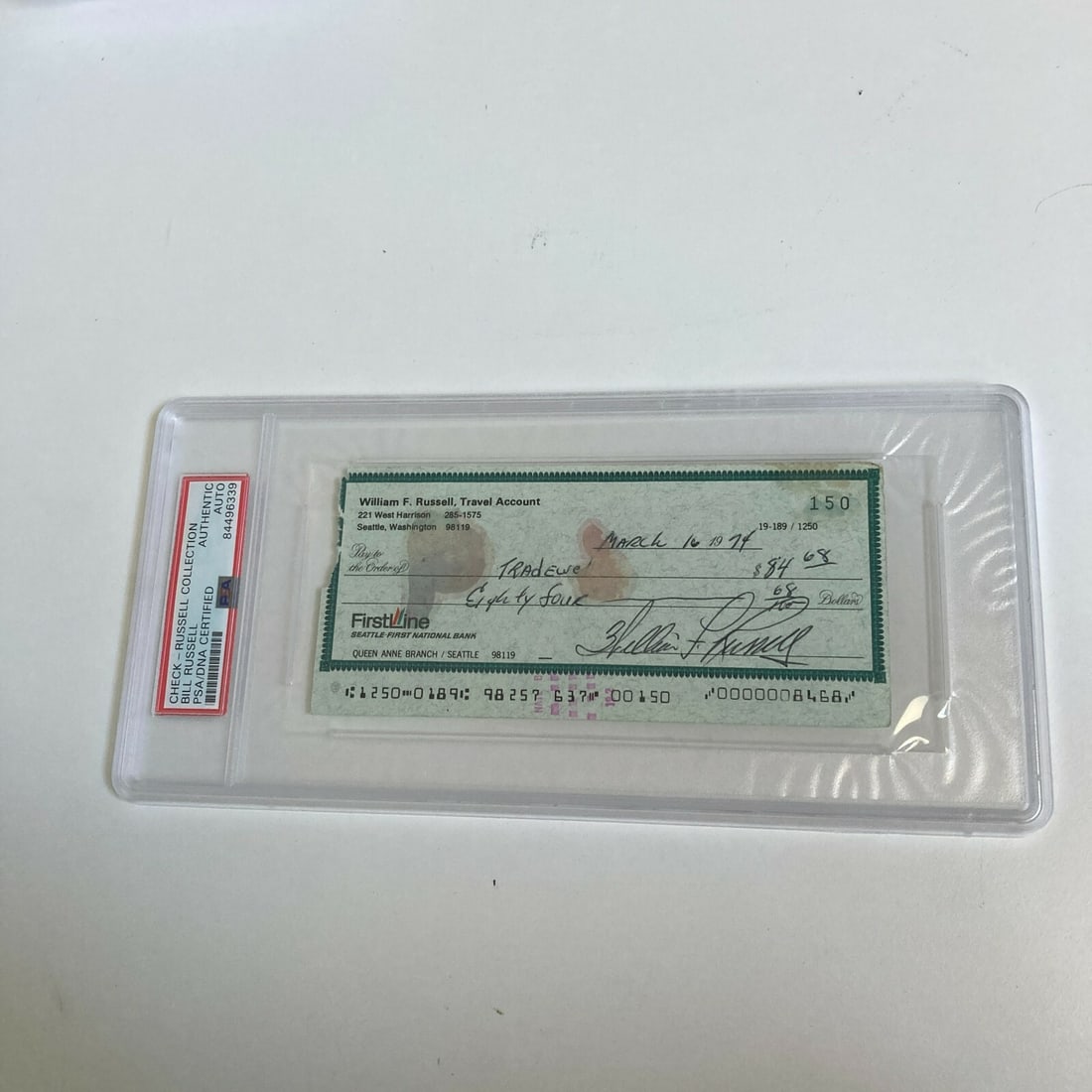 PSA DNA Encapsulated Bill Russell Signed Boston Celtics Bank Check (1 of 3)