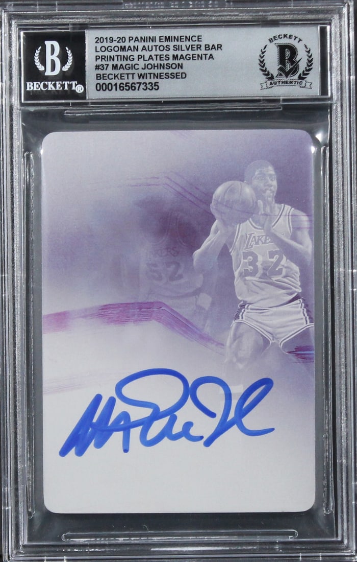 Magic Johnson Autographed 2019 Panini Eminence 1-of-1 Card Beckett 10 Slabbed: Magic Johnson Autographed 2019 Panini Eminence 1-of-1 Card Beckett 10 Slabbed This is a 2019 Panini Eminence Logoman Autos Silver Bar Printing Plates Magenta #37 #1/1 basketball card, personally signe