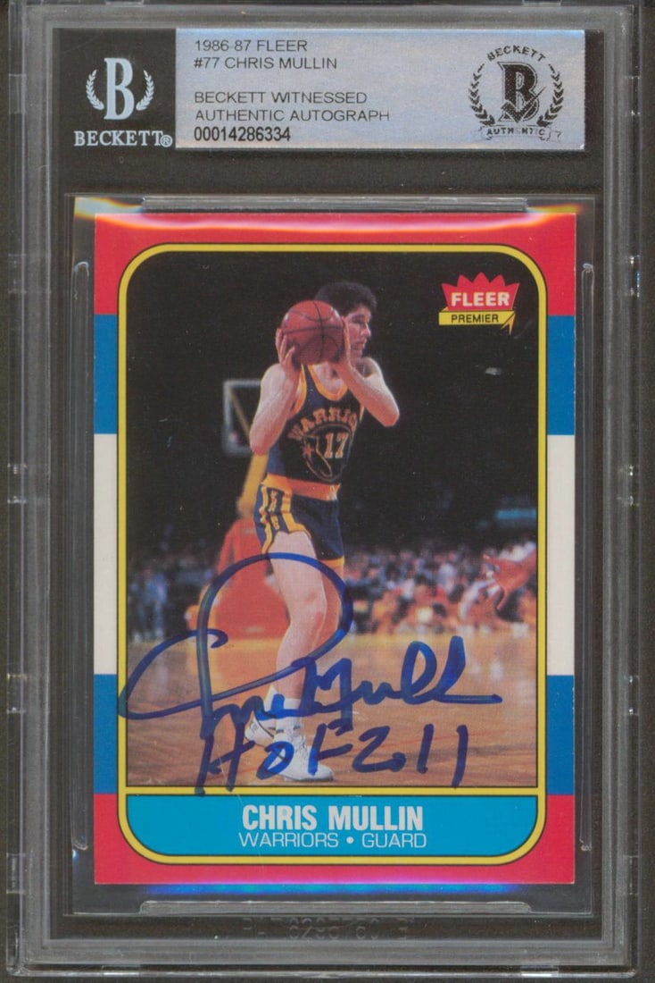 Chris Mullin HOF 2011 Signed 1986 Fleer #77 Card Beckett Authenticated: Chris Mullin HOF 2011 Signed 1986 Fleer #77 Card Beckett Authenticated This autographed 1986 Fleer #77 card features the inscription "HOF 2011" and has been personally signed by Chris Mullin, a celebr