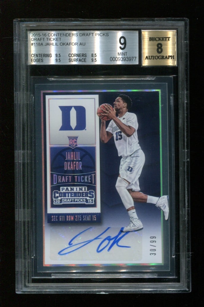 2015-16 Jahlil Okafor Duke Auto Rookie Card 30/99 BGS Mint 9: 2015-16 Jahlil Okafor Duke Auto Rookie Card 30/99 BGS Mint 9 This remarkable 2015-16 Contenders Draft Picks card features a signed rookie card of Jahlil Okafor, showcasing his early career with the Du