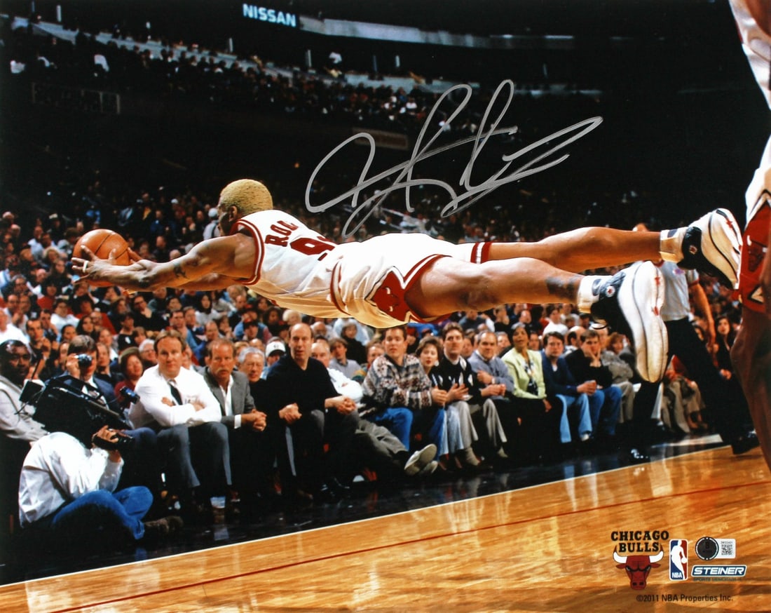 Dennis Rodman Signed 16x20 Diving Photo Chicago Bulls BAS Authenticated: Dennis Rodman Signed 16x20 Diving Photo Chicago Bulls BAS Authenticated This impressive 16x20 horizontal photo captures Dennis Rodman diving, personally signed by the legendary player himself. As a ke
