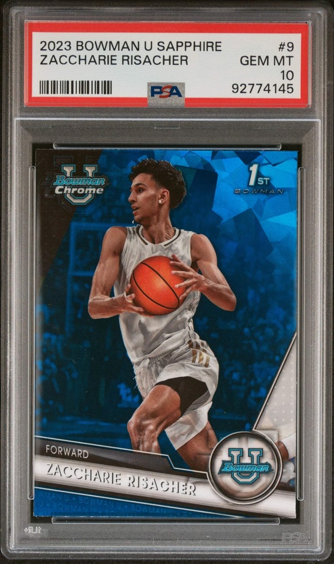 2023 Topps Bowman U Sapphire Zaccharie Risacher PSA 10 Card: 2023 Topps Bowman U Sapphire Zaccharie Risacher PSA 10 Card This is a Graded 2023 Topps Bowman U Sapphire Zaccharie Risacher #9 Basketball Card, boasting a PSA grade of 10. The card features Zaccharie