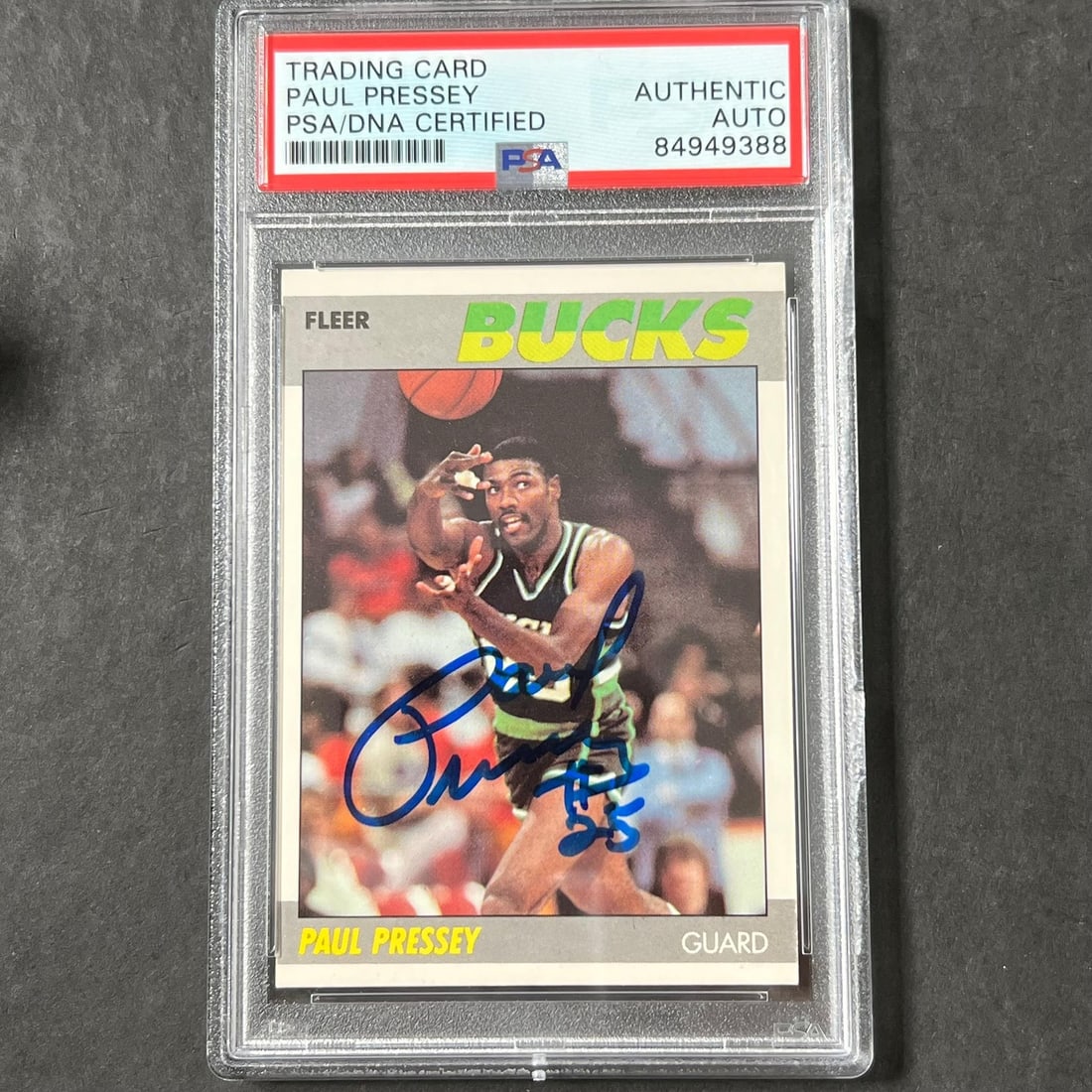 1987-88 Fleer Paul Pressey Signed Card PSA/DNA Bucks: 1987-88 Fleer Paul Pressey Signed Card PSA/DNA Bucks This 1987-88 Fleer #90 card features the signature of Paul Pressey, a notable player for the Milwaukee Bucks. The autograph has been authenticated 