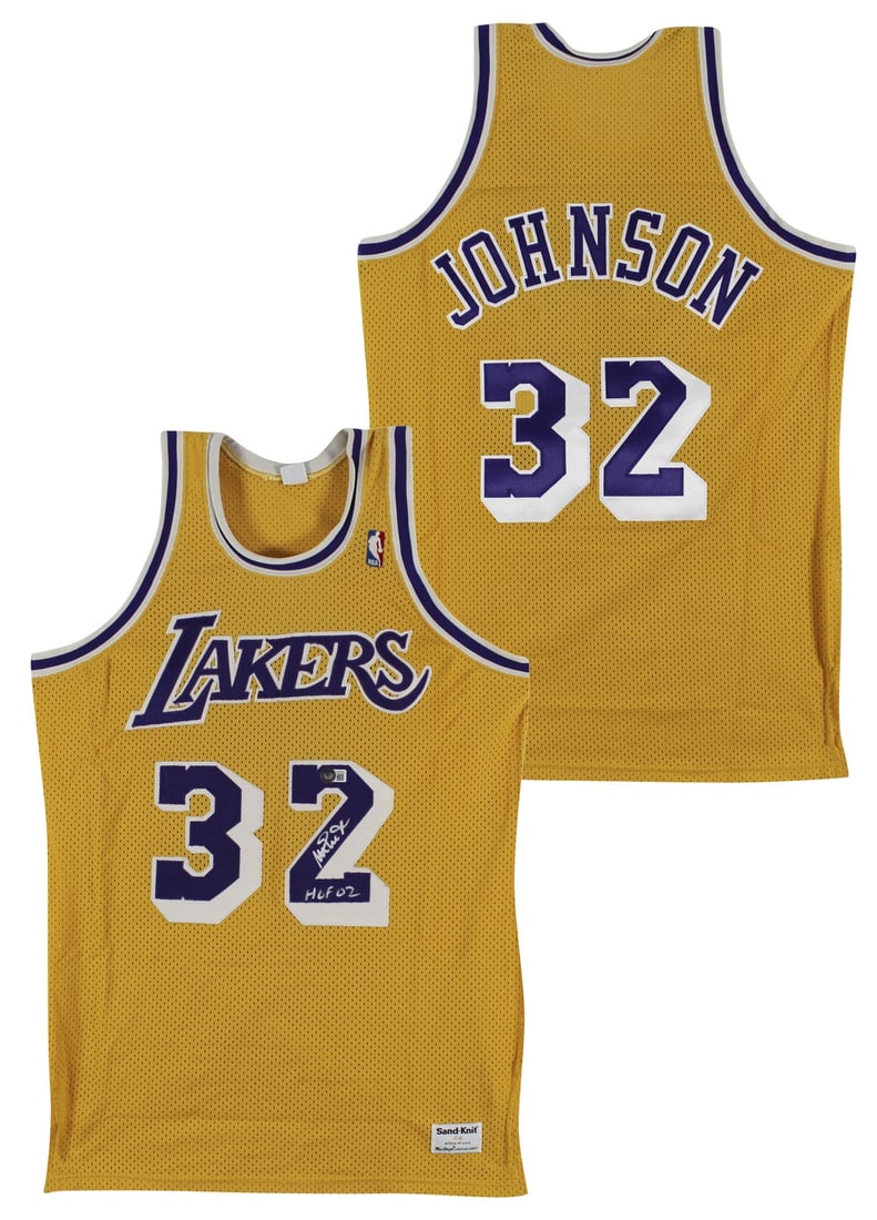 Magic Johnson Autographed Lakers MacGregor Sand-Knit Jersey With HOF 02 Inscription BAS: Magic Johnson Autographed Lakers MacGregor Sand-Knit Jersey With HOF 02 Inscription BAS This is a pre-owned yellow MacGregor Sand-Knit jersey, personally signed by Magic Johnson of the Los Angeles Lak