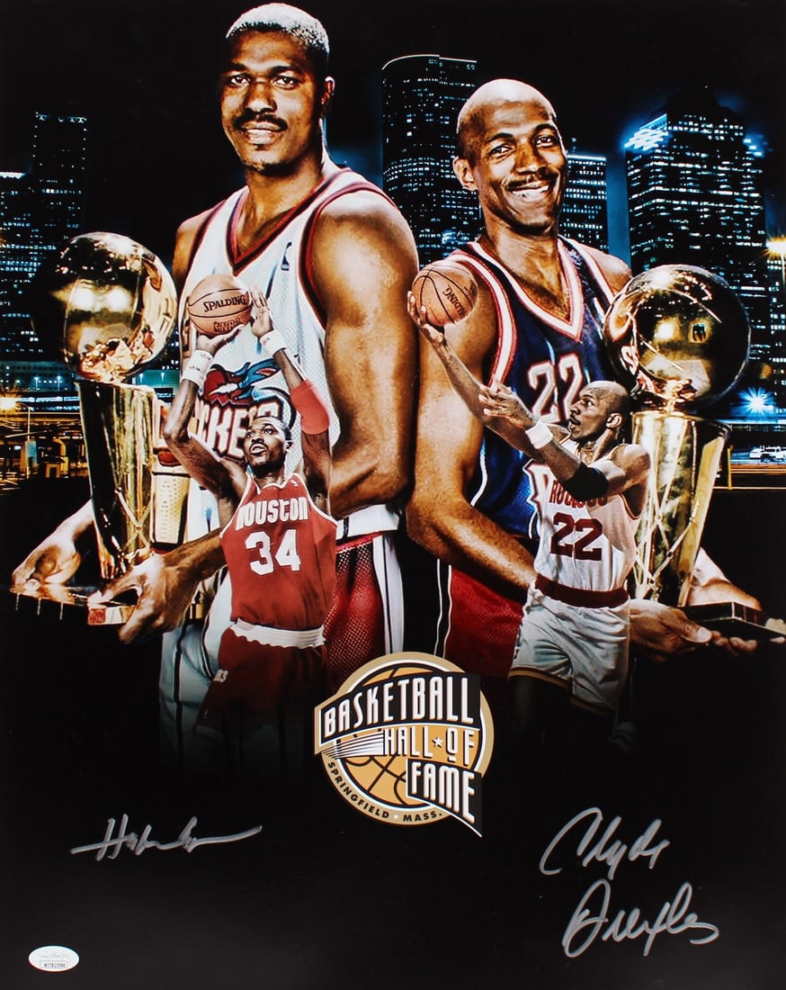 Houston Rockets Hakeem Olajuwon Clyde Drexler Signed 16x20 Photo JSA Authenticated (1 of 3)
