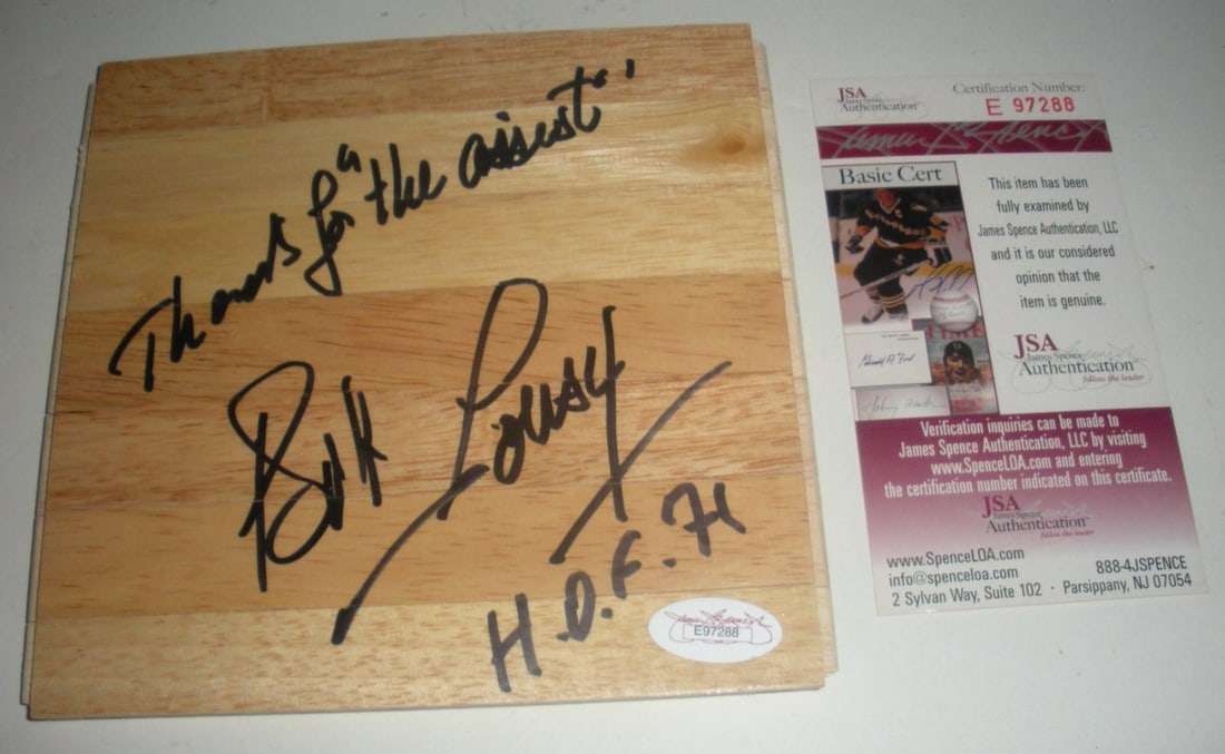 Bob Cousy Signed 6x6 Floorboard Boston Celtics JSA COA: Bob Cousy Signed 6x6 Floorboard Boston Celtics JSA COA This is a signed 6x6 floorboard featuring Bob Cousy, a Hall of Famer inducted in 1971, representing the Boston Celtics. The item is an original p