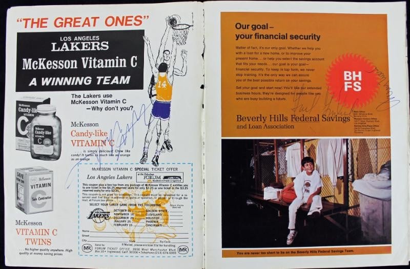 Lakers Wilt Chamberlain Jerry West Gail Goodrich Signed Program PSA Authentic: Lakers Wilt Chamberlain Jerry West Gail Goodrich Signed Program PSA Authentic This original Los Angeles Lakers illustrated program features the signatures of legendary players Wilt Chamberlain, Jerry 