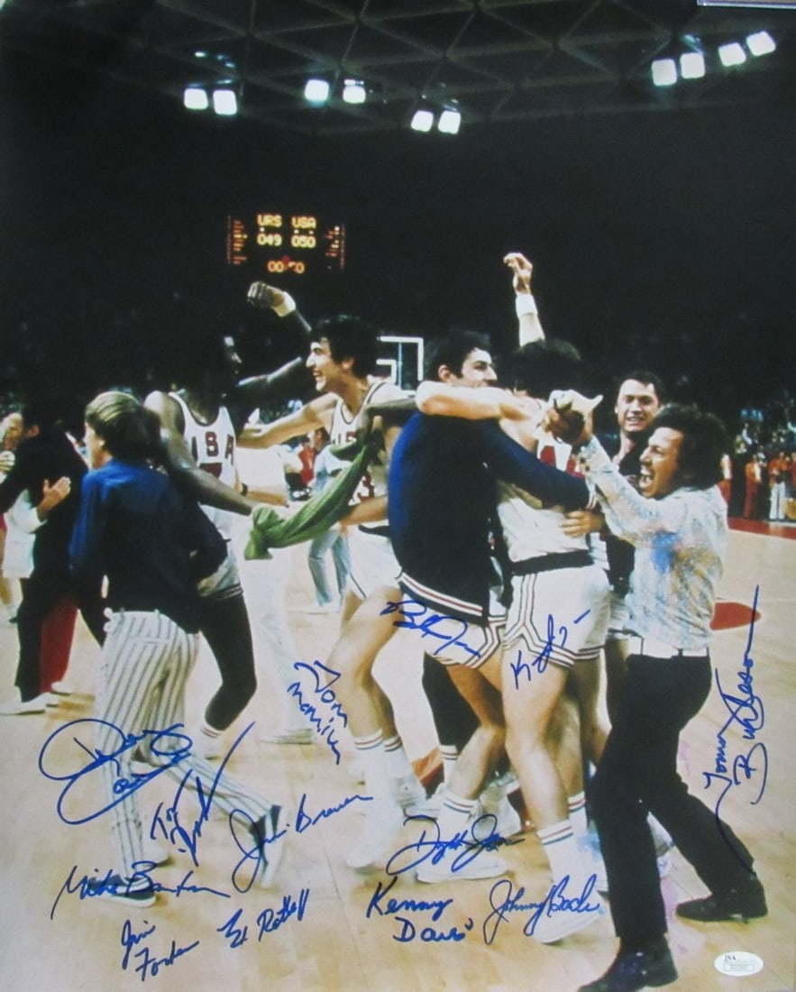 1972 Team USA Basketball Signed 16x20 Photo JSA Certified 13 Signatures: 1972 Team USA Basketball Signed 16x20 Photo JSA Certified 13 Signatures This listing features a remarkable 16x20 color photo of the 1972 Team USA Olympic Basketball Team, signed by all 12 team members