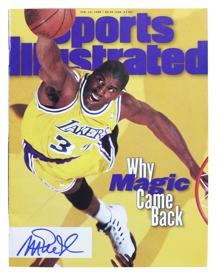 February 1996 Sports Illustrated Signed by Magic Johnson BAS Witnessed: February 1996 Sports Illustrated Signed by Magic Johnson BAS Witnessed This is an original February 12, 1996 issue of Sports Illustrated magazine autographed by Magic Johnson of the Los Angeles Lakers