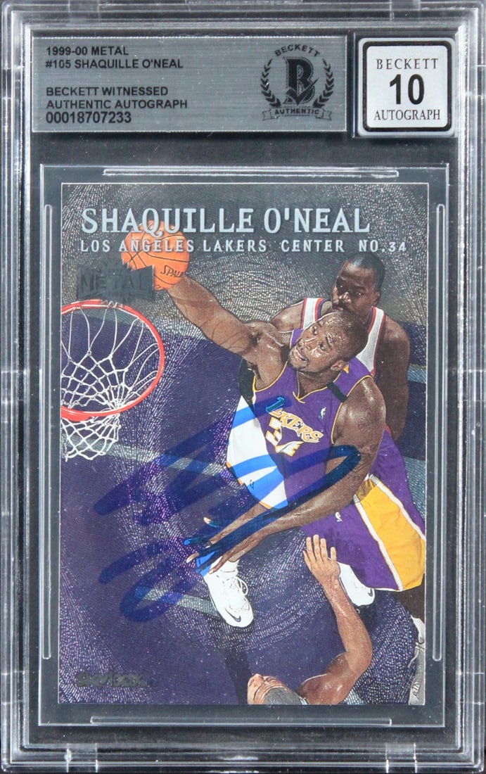 Shaquille O'Neal 1999 Metal #105 Autographed Card BAS Graded 10 Lakers: Shaquille O'Neal 1999 Metal #105 Autographed Card BAS Graded 10 Lakers This is an original 1999 Metal #105 basketball card featuring Shaquille O'Neal of the Los Angeles Lakers. The card has been perso