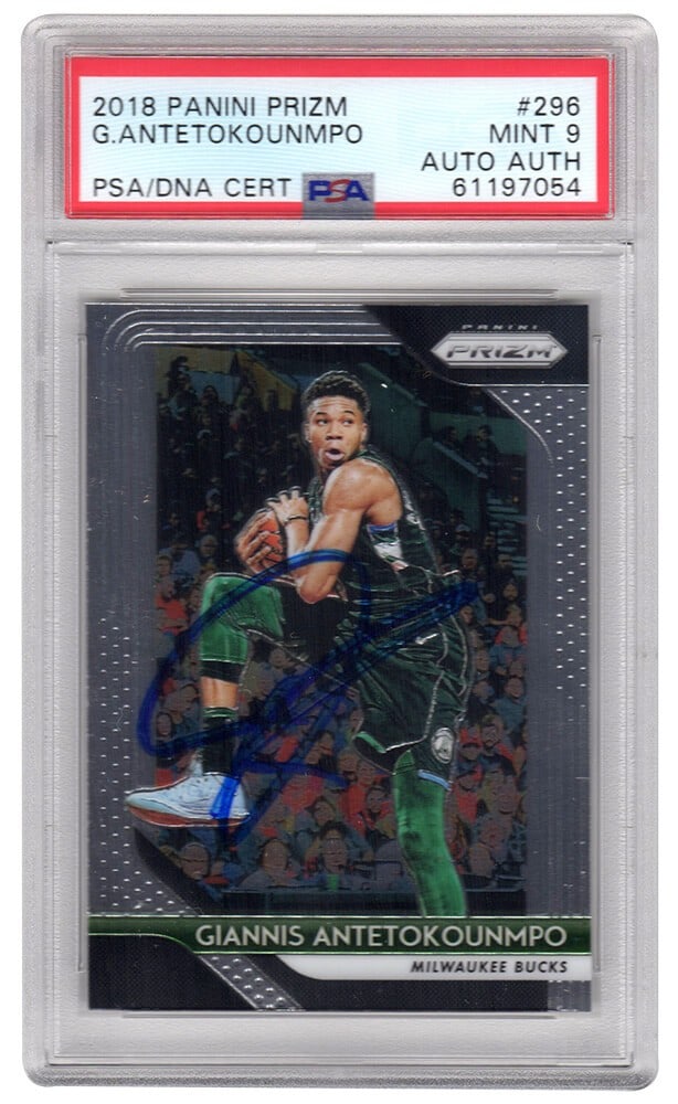 2018 Panini Prizm #296 Giannis Antetokounmpo Autographed Bucks Card PSA Auto 9: 2018 Panini Prizm #296 Giannis Antetokounmpo Autographed Bucks Card PSA Auto 9 This is a 2018 Panini Prizm basketball card #296 featuring Giannis Antetokounmpo of the Milwaukee Bucks. The card has bee