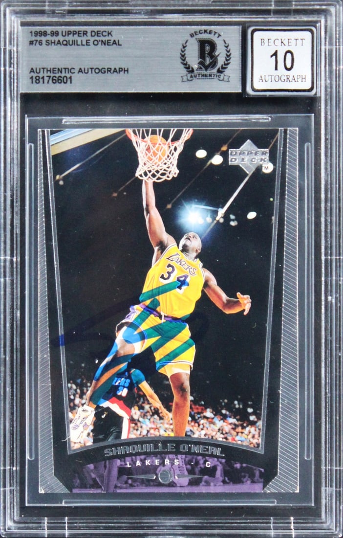 Shaquille O'Neal Signed 1999 Upper Deck #76 Card Gem Mint 10 Beckett Authenticated: Shaquille O'Neal Signed 1999 Upper Deck #76 Card Gem Mint 10 Beckett Authenticated Celebrate the legacy of basketball with this autographed 1999 Upper Deck #76 card featuring Shaquille O'Neal. This Ge