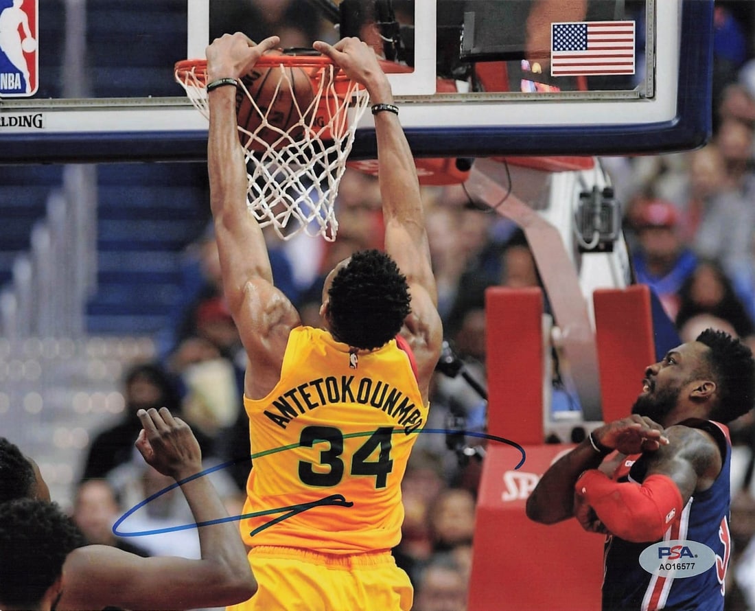 PSA DNA Giannis Antetokounmpo autographed 8x10 Bucks photo: PSA DNA Giannis Antetokounmpo autographed 8x10 Bucks photo This is a professionally printed 8x10 photograph featuring Giannis Antetokounmpo of the Milwaukee Bucks. The photo has been personally signed