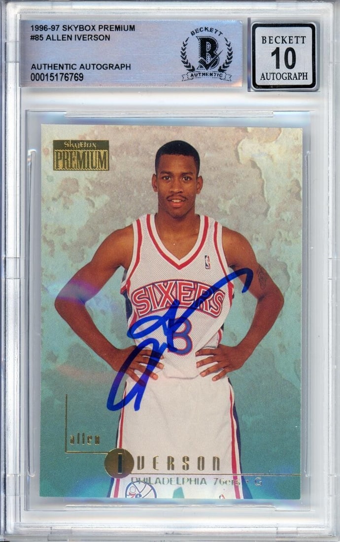 Allen Iverson 1996-97 Skybox Premium Rookie Autograph BGS 10 #85: Allen Iverson 1996-97 Skybox Premium Rookie Autograph BGS 10 #85 This is a 1996-97 Skybox Premium #85 Allen Iverson rookie sports trading card featuring his hand-signed autograph. The card is authenti