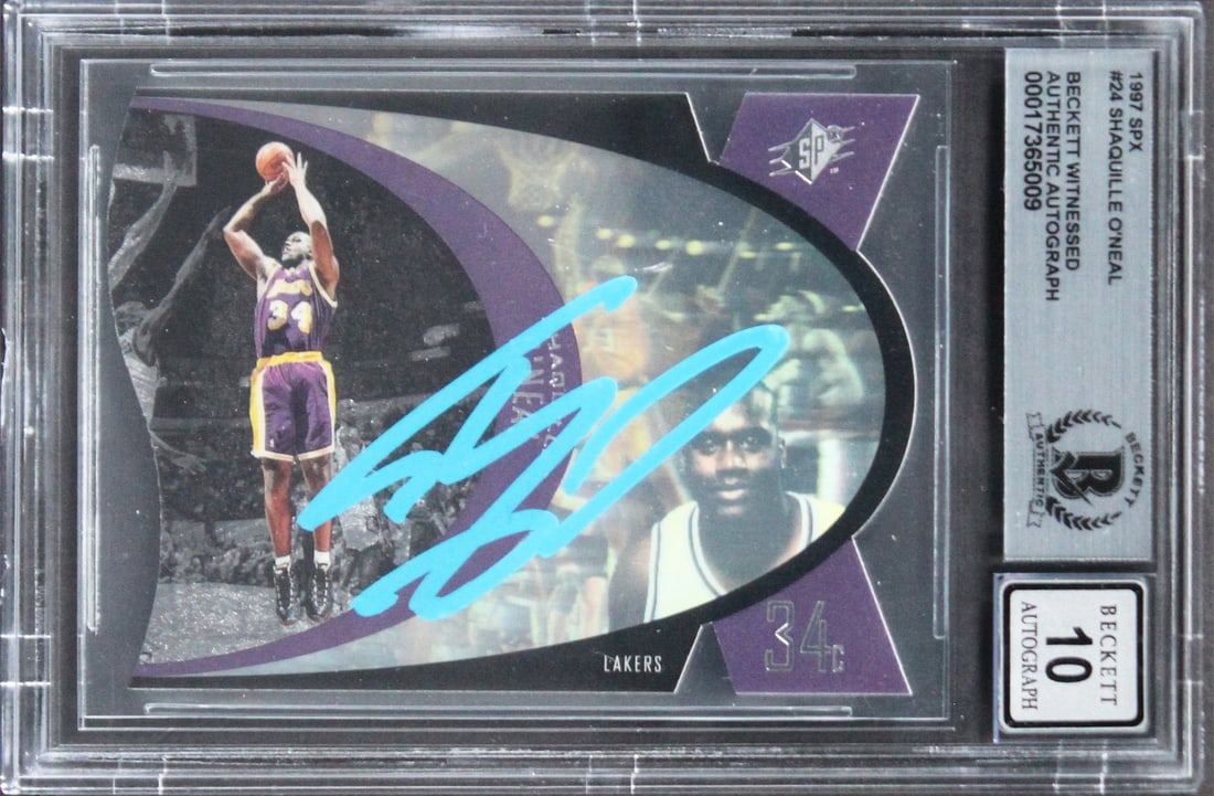 Shaquille O'Neal Signed 1997 SPX Card Beckett Authenticated Slabbed Lakers: Shaquille O'Neal Signed 1997 SPX Card Beckett Authenticated Slabbed Lakers This is an original 1997 SPX #24 trading card featuring Shaquille O'Neal of the Los Angeles Lakers. The card has been hand-si