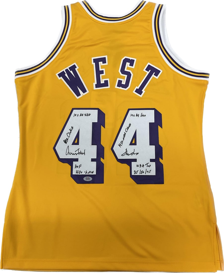 Jerry West Autographed Lakers Jersey Mitchell & Ness PSA/DNA Grade 10: Jerry West Autographed Lakers Jersey Mitchell & Ness PSA/DNA Grade 10 This Mitchell & Ness jersey is an authentic, pre-owned item featuring the signature of Los Angeles Lakers legend Jerry West. The j