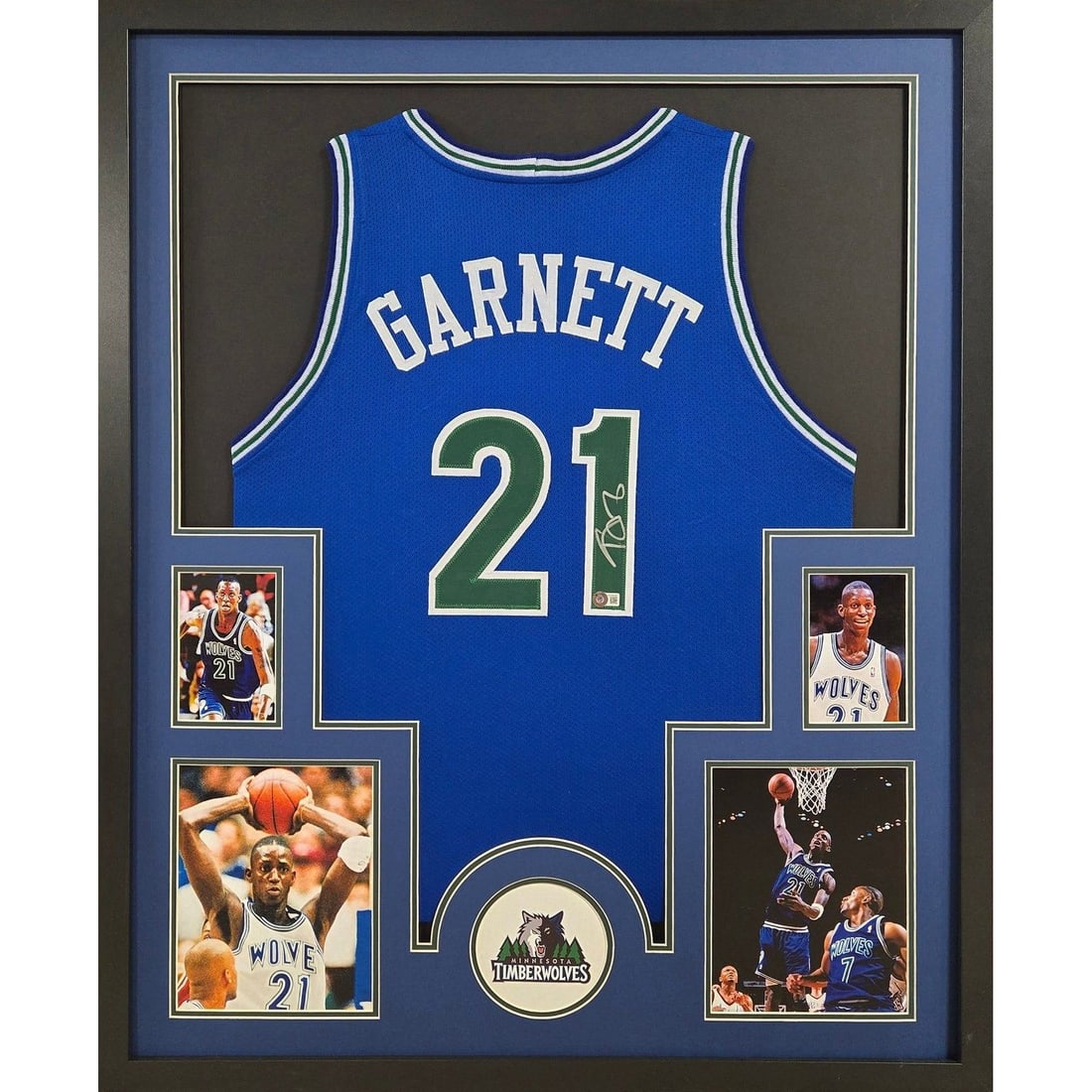 Kevin Garnett Signed Timberwolves Jersey Framed Beckett Authenticated: Kevin Garnett Signed Timberwolves Jersey Framed Beckett Authenticated This framed jersey features an authentic autograph from NBA legend Kevin Garnett, showcasing his time with the Minnesota