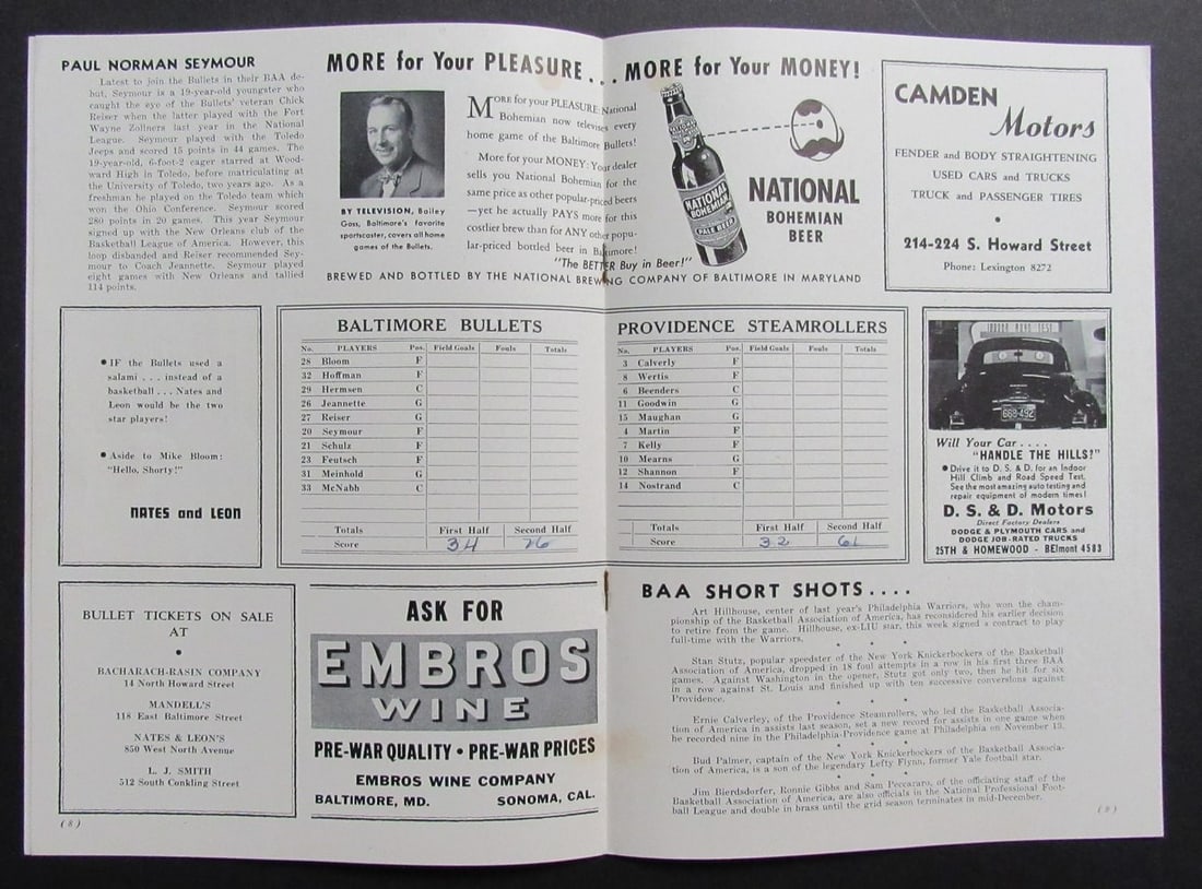 Basketball Program 1947-48 Baltimore Bullets Versus Providence Steamrollers Original - 3